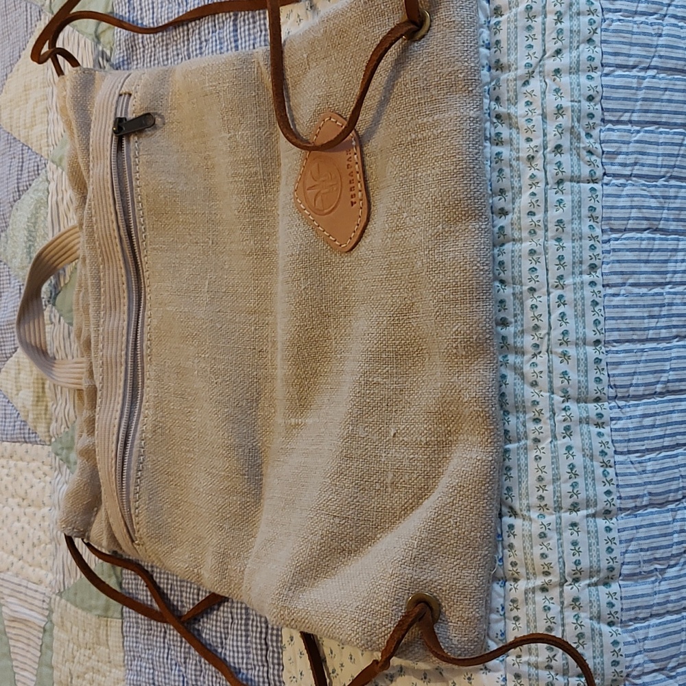 TerraPax Handcrafted Hemp Canvas and Leather Backsack. 13 1/2" W x 17" H